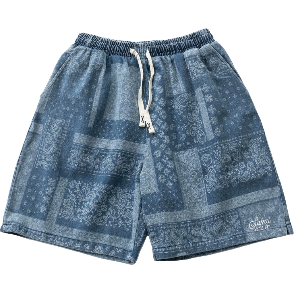 Washed distressed cashew flower pelis pattern print beach shorts casual elasticated waist denim cropped pants for men and women