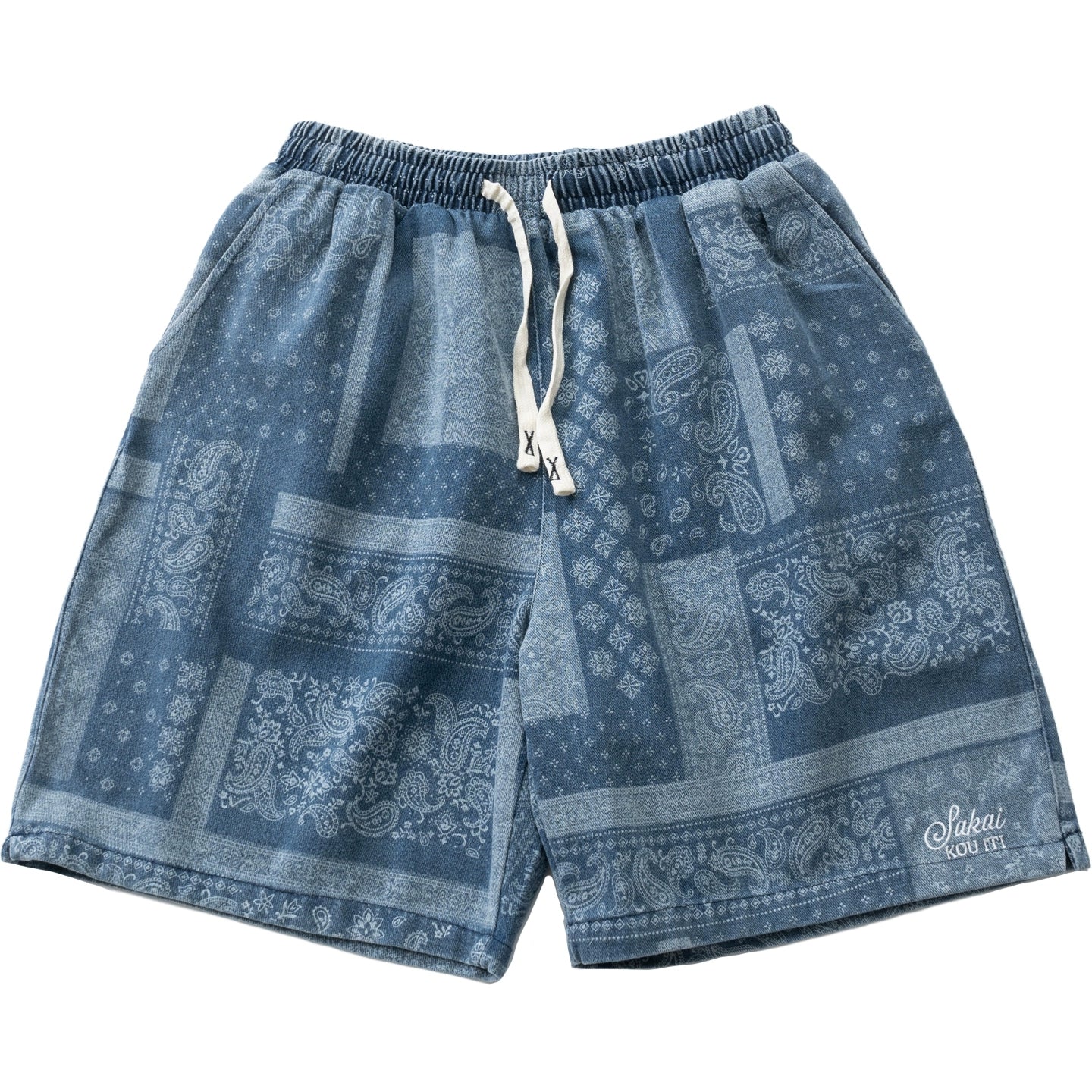 Washed distressed cashew flower pelis pattern print beach shorts casual elasticated waist denim cropped pants for men and women