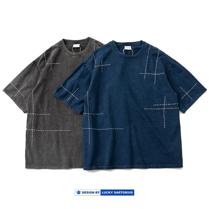 Vintage indigo washed thorn embroidery cotton loose short-sleeved T-shirt summer literary sense youth casual tee