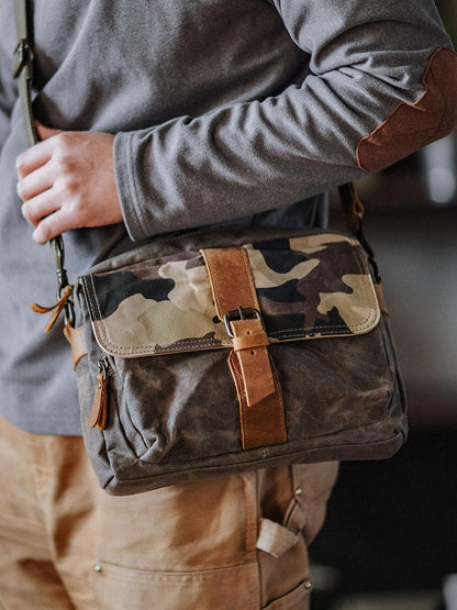 Japanese Vintage Camouflage Canvas Crossbody Bag – Indigo Cowhide Leather Messenger Shoulder Bag
