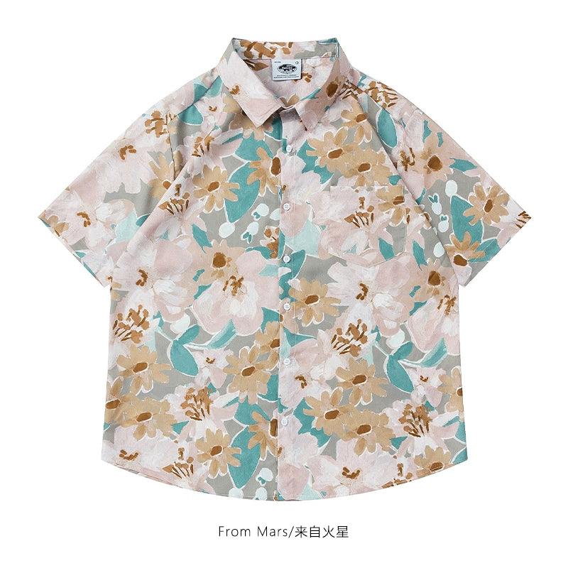 Oil painting art sense retro casual lazy Hawaiian style short-sleeved shirt