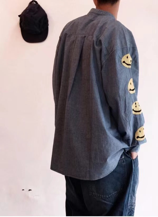 Vintage Hirata and Hiroshi Nippon Heavy Industries Smiley Embroidered Men's and Women's Loose Denim Shirts and Jackets