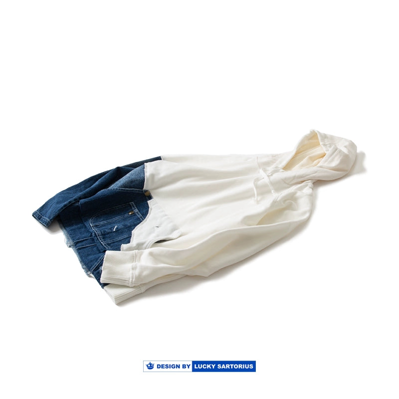 Men's washed denim patchwork hooded sweatshirt kangaroo pocket jacket