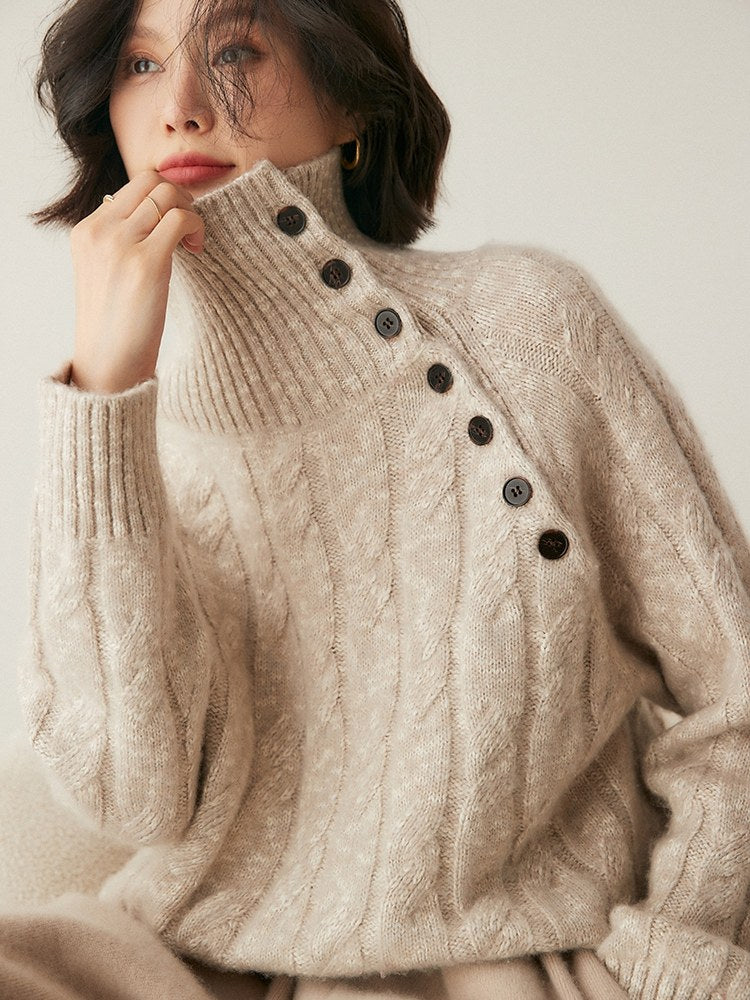 Heavy-duty lazy cashmere sweater, diagonal buttoned floral tulle, thickened twisted high-neck sweater, Korean autumn/winter new women's knitwear | Yamalinclothes