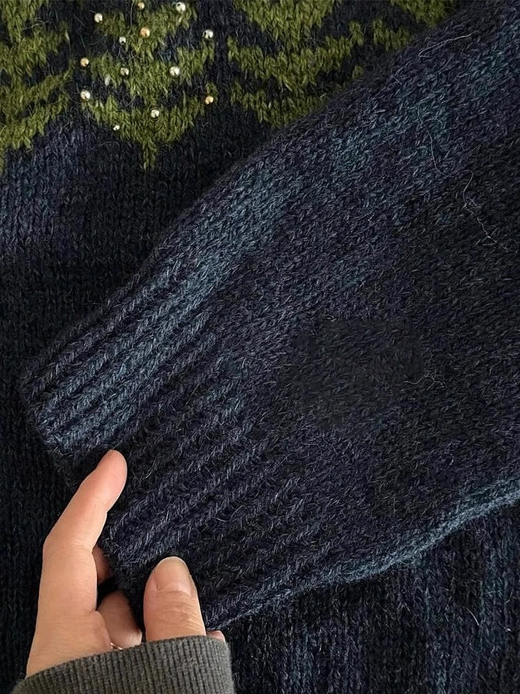 Navy Blue Jacquard Knit Sweater Jacket - European Industrial Chic (Women)