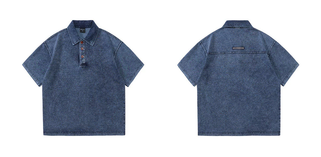 drape 250g terry knit polo shirt summer thin American lapel denim short sleeve T-shirt men