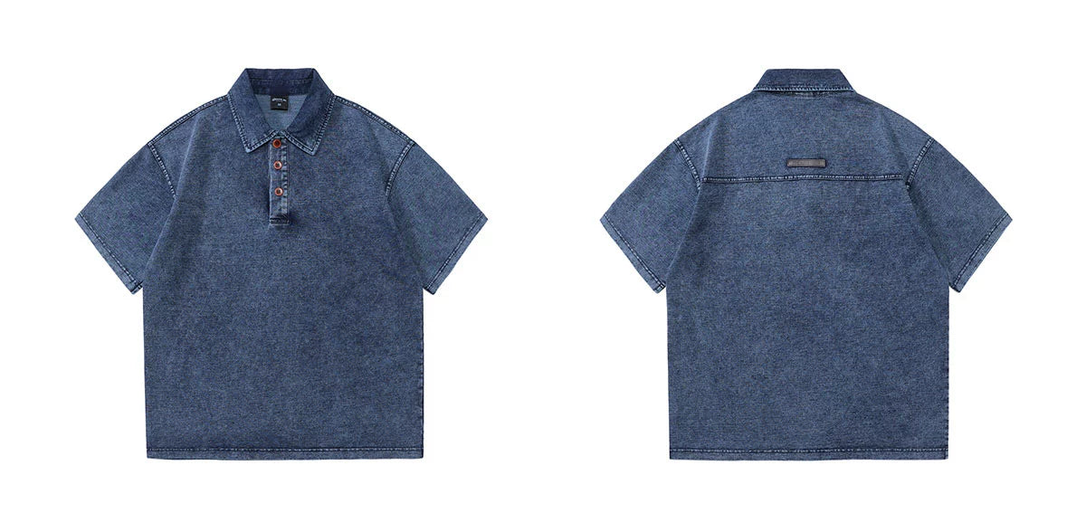 drape 250g terry knit polo shirt summer thin American lapel denim short sleeve T-shirt men