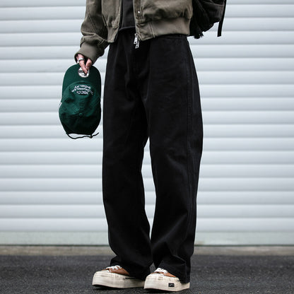 Japanese Vintage Distressed Cargo Pants Men – Pleated Bootcut Wide Leg Cotton Trousers