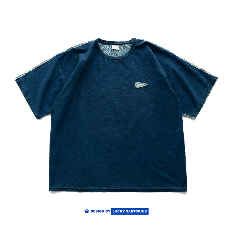 Japanese Vintage ethnic style front and rear splicing Indigo washed cotton short-sleeved T-shirt
