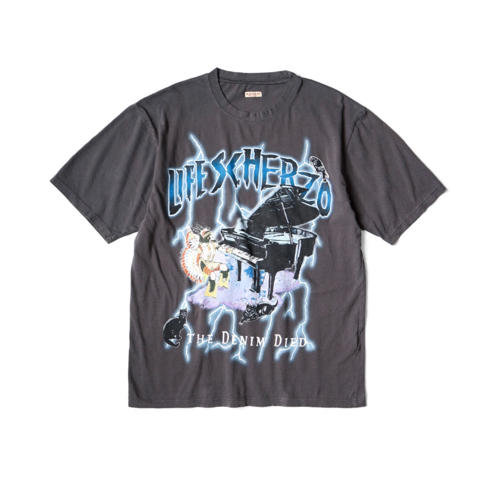 Japanese casual lightning print wash distressed crewneck short-sleeved T-shirt