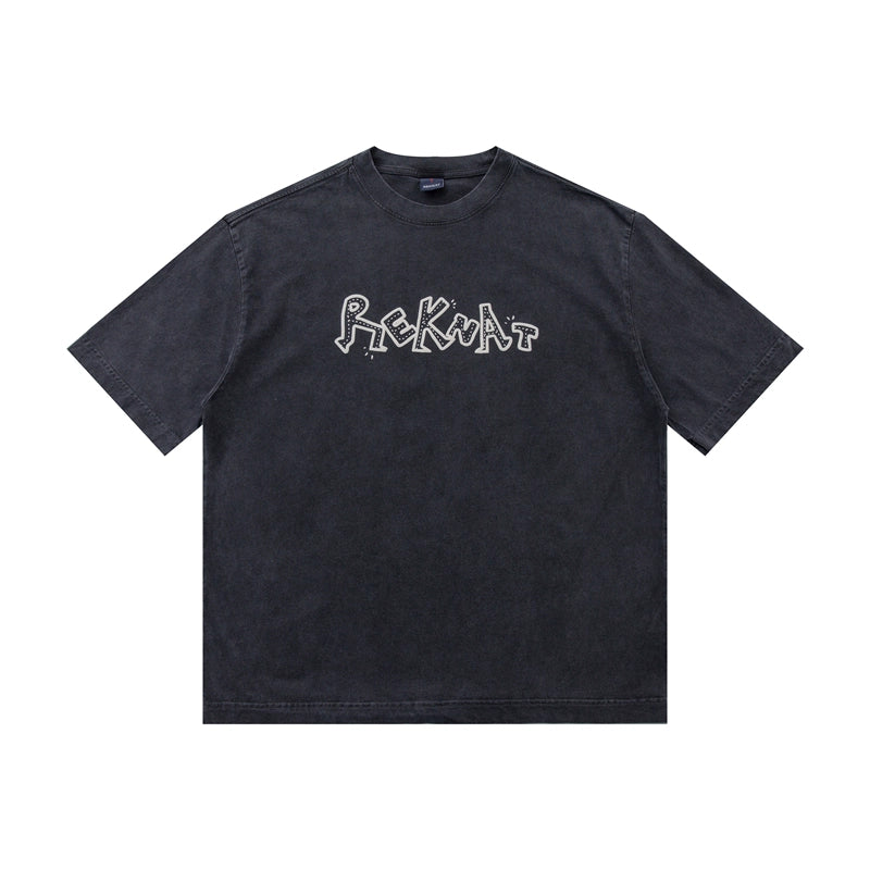 300g heavyweight washed distressed short sleeve t-shirt men's summer new fun letter cotton t-shirt top