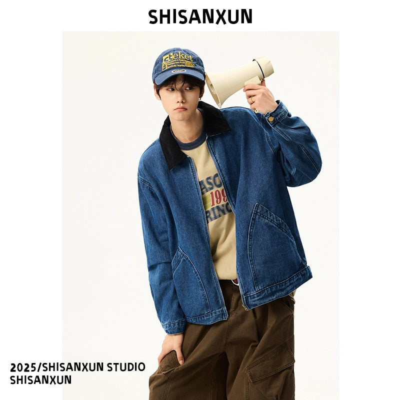 Vintage Washed Distressed Blue Short Lapel Jacket – Workwear Style (Unisex)