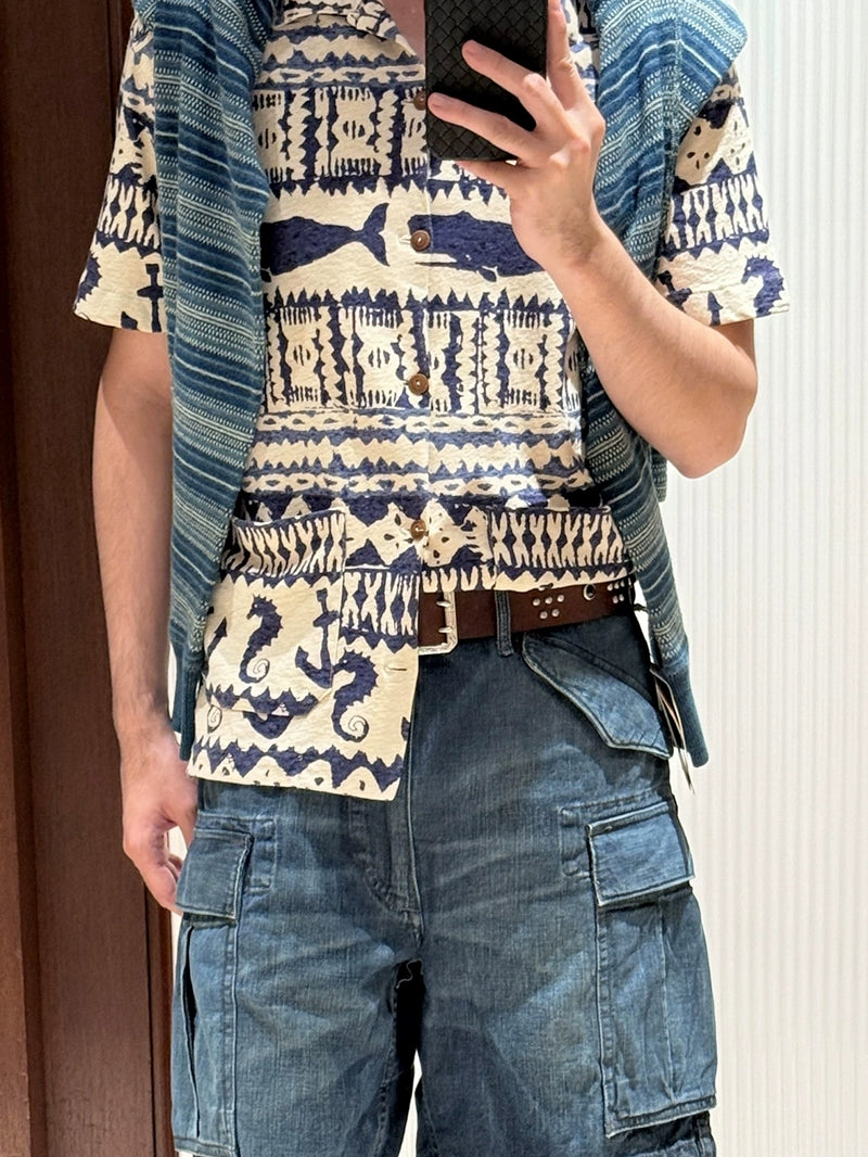 Japanese casual cotton and linen blend navy whale print Cuba collar short sleeve shirt