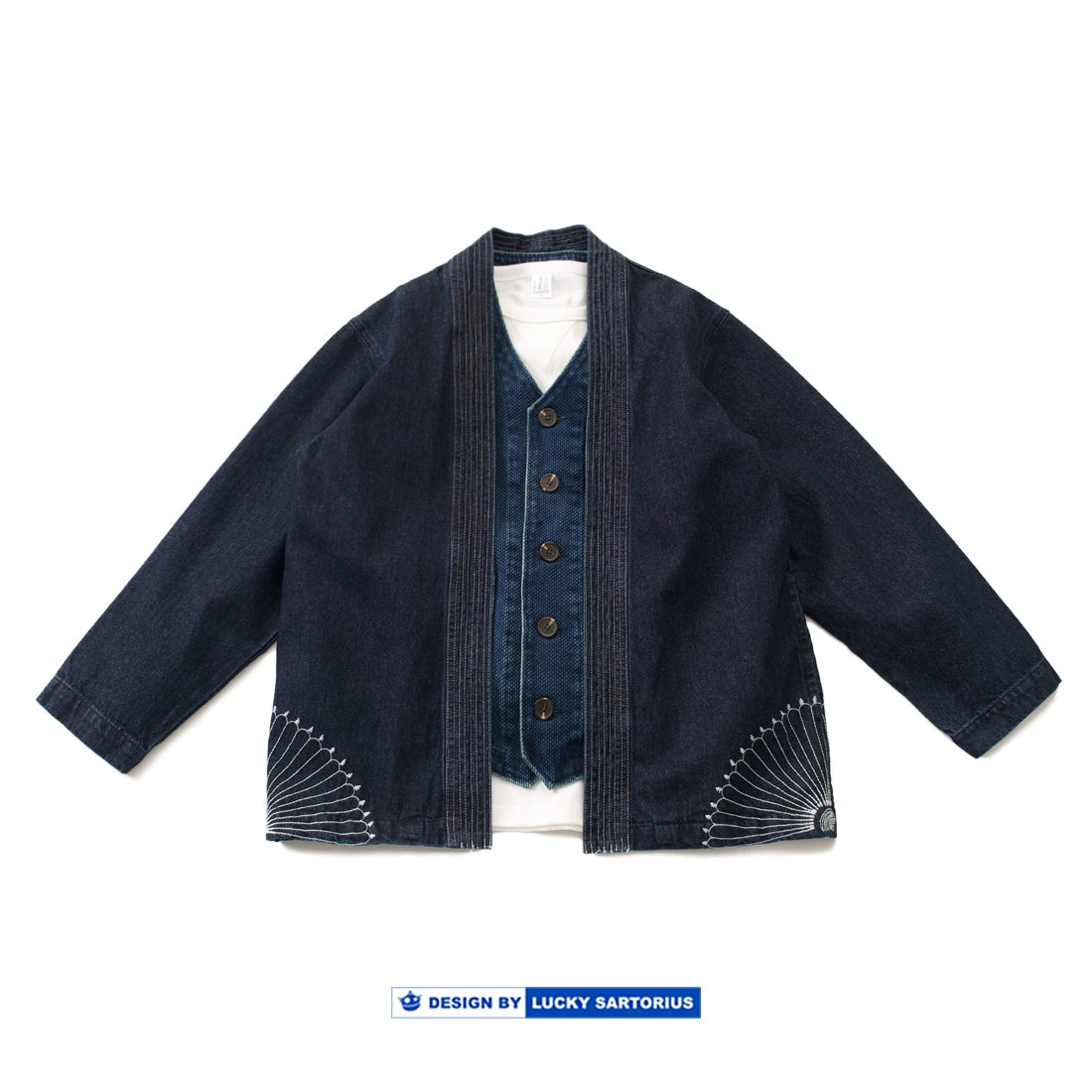 Japanese retro men's spring and autumn heavyweight washed denim washed embroidered robe jacket jacket men's and women's trendy tops