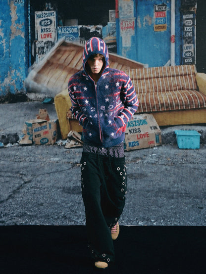 Hooded Knit Cardigan – Star & Stripe Jacquard