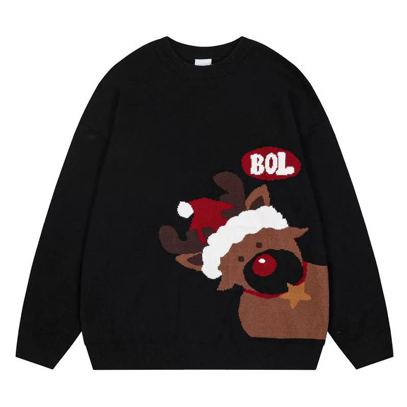 Soft and glutinous design red Christmas sweater for men and women winter atmosphere retro loose round neck sweater