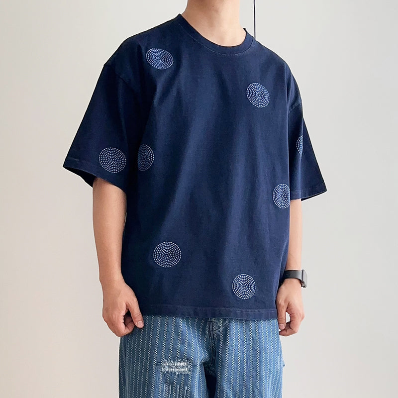 Vintage Indigo Wash Thorn Embroidery Round Neck Short Sleeve T-shirt