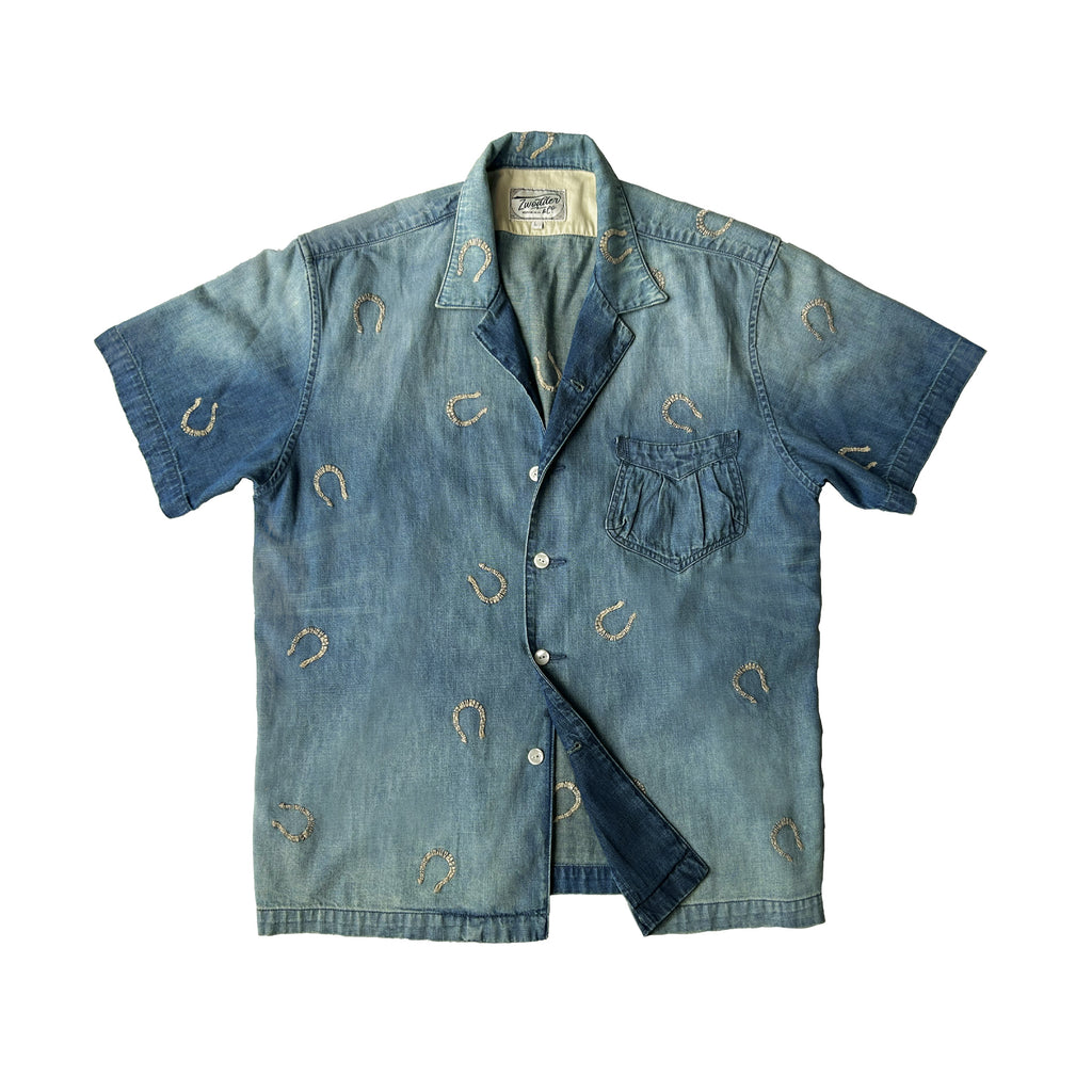 Western embroidered Cuban collar short-sleeved shirt summer retro American horseshoe old AMI khaki