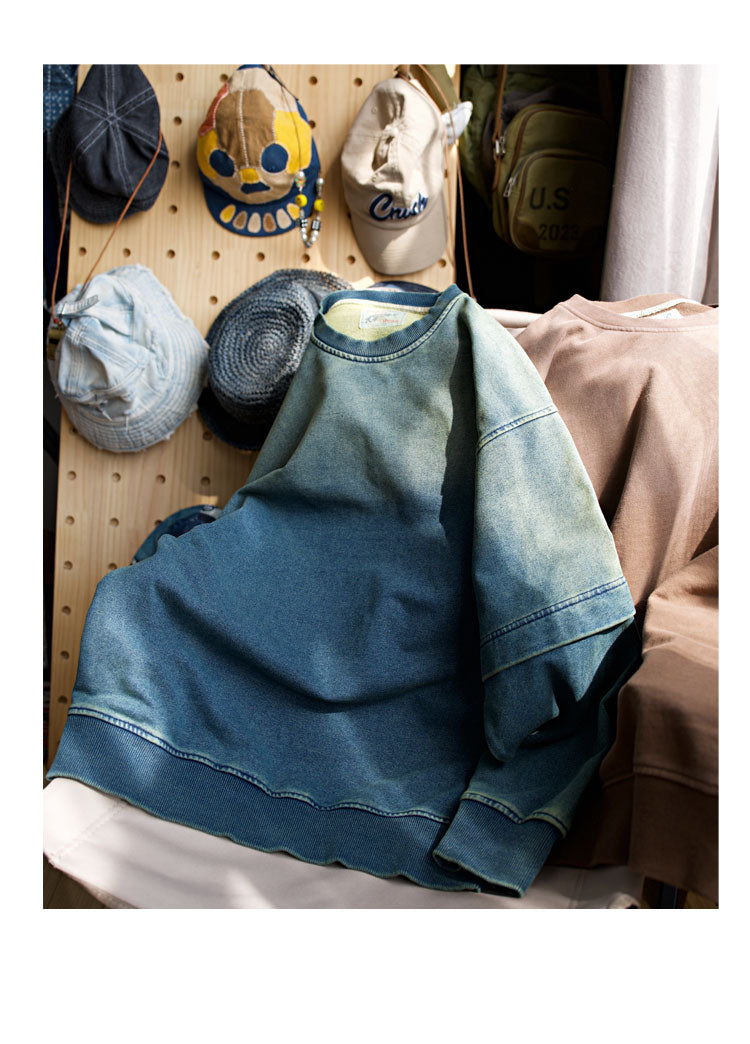 Japanese men's heavy washing fake two-piece sleeve round collar pullover long-sleeved sweater