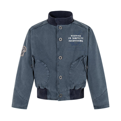 Heavyweight Washed Cotton Stand Collar Workwear Jacket – Oversized Unisex Short Coat