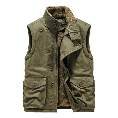 Multi-Pocket Fleece-Lined Utility Vest – Stand Collar Sleeveless Workwear Unisex – Vest | japanese streetwear | vintage workwear | unisex | Yamalinclothes
