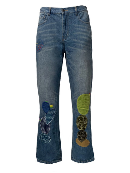 VINTAGE Hirata and macro ins wind cactus embroidery hand patch loose large size jeans