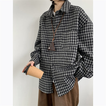 American Vintage Plaid Shirt Jacket – Loose Lapel Long Sleeve Casual Overshirt for Men | Japanese vintage | yamalin clothes | Yamalinclothes