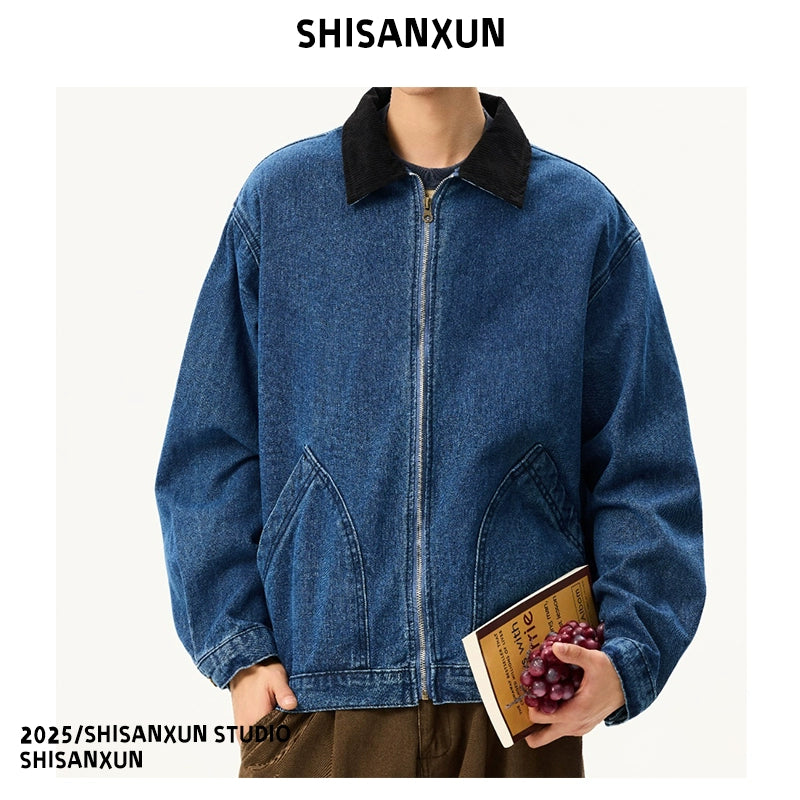 Vintage Washed Distressed Blue Short Lapel Jacket – Workwear Style (Unisex)