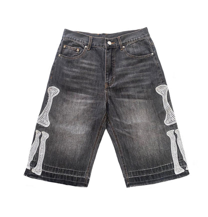 Loose Embroidered Bone Distressed Denim Shorts – Washed Unisex Oversized Streetwear