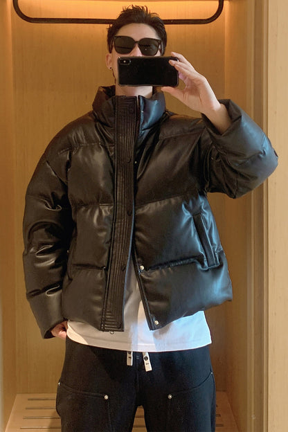 Faux Leather Down Jacket – Short Fit & Stand Collar | Yamalinclothes
