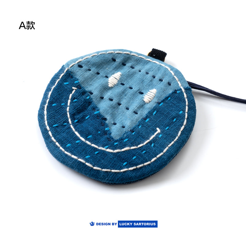 Handmade embroidered indigo fabric smiley coin purse