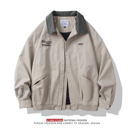 Autumn new American vintage cargo lapel jacket men's loose casual versatile jacket Japanese contrast collar top