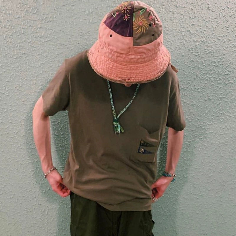 four flags embroidery slub cotton loose trend round neck short-sleeved shirt T-shirt