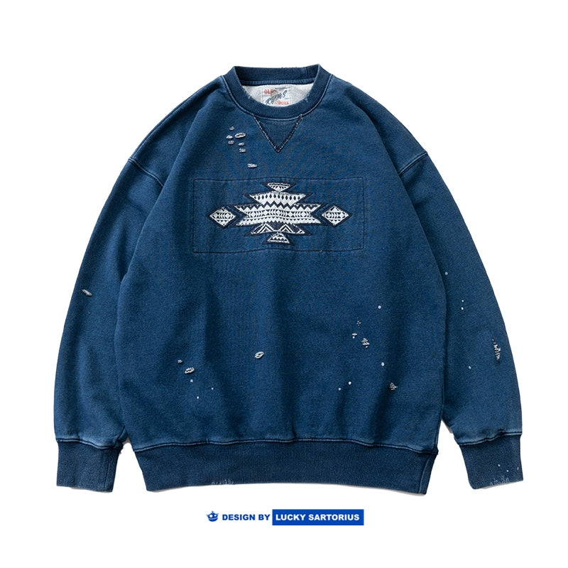 Japanese men's ethnic style patch indigo washed round neck pullover sweatshirt autumn and winter top men's and women's trend