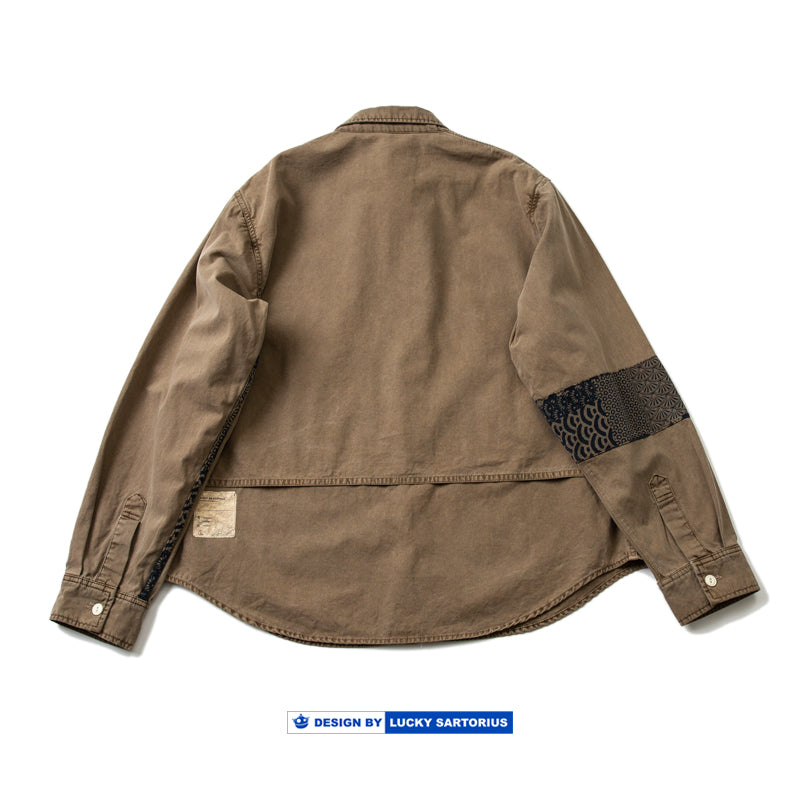 Fake two-piece ethnic style elbow splicing long-sleeved shirt coat for men