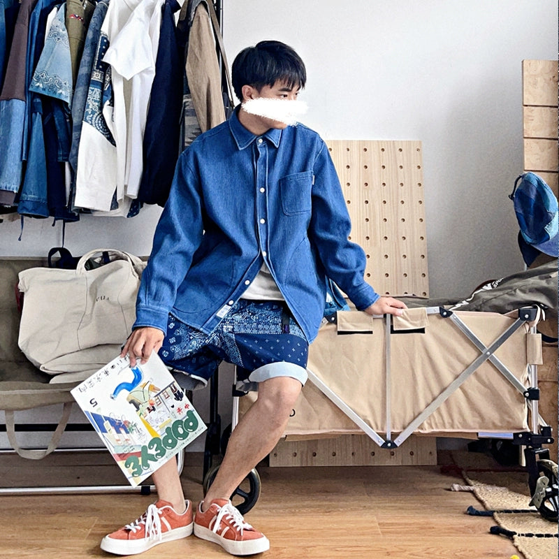 Japanese autumn and winter men's indigo textured fabric denim shirt