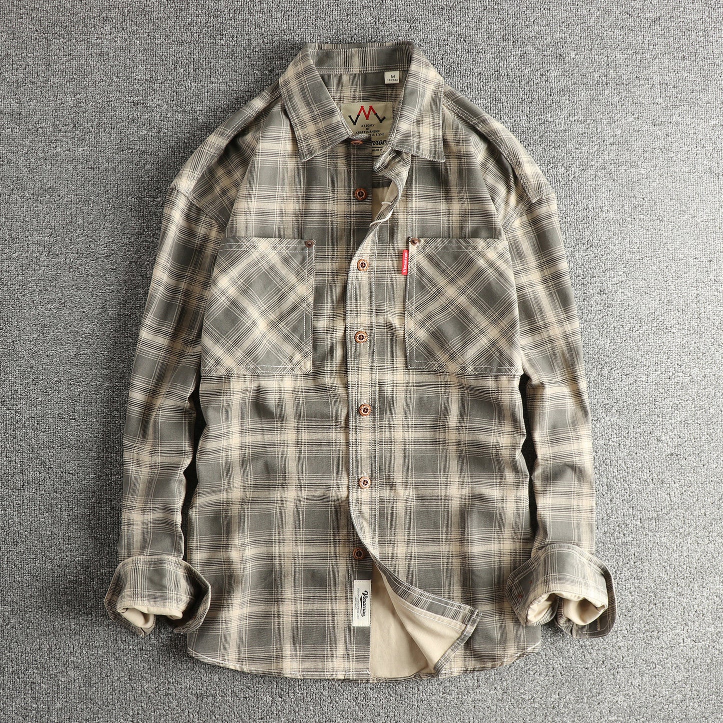 Japanese Plaid Workwear Shirt – Men's Washed Cotton Large Pocket Long-Sleeve