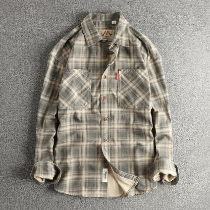 Japanese Plaid Workwear Shirt – Men's Washed Cotton Large Pocket Long-Sleeve