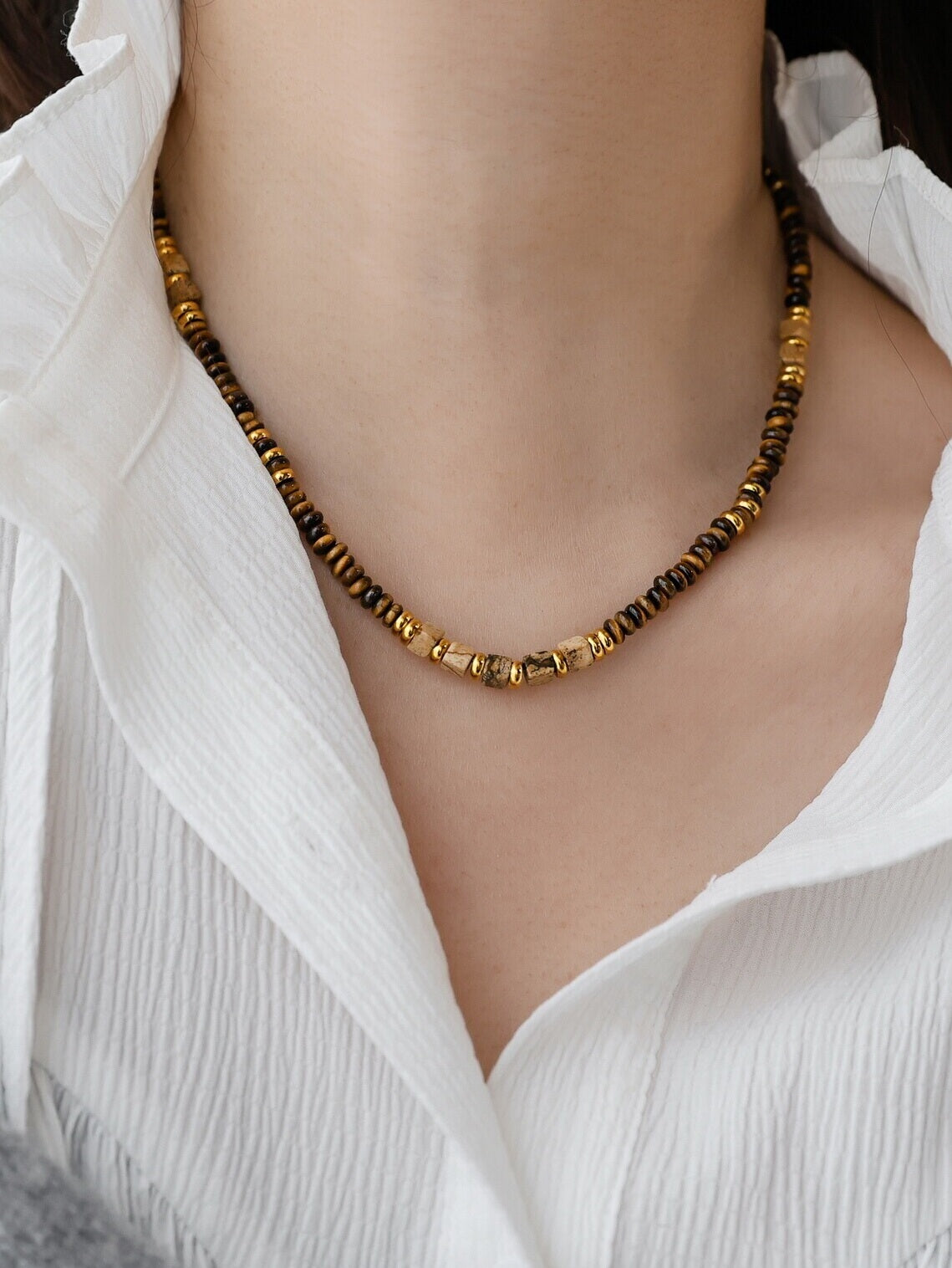 British [designer] Make Kana Maillard style natural tiger's eye necklace stacked clavicle chain ornament
