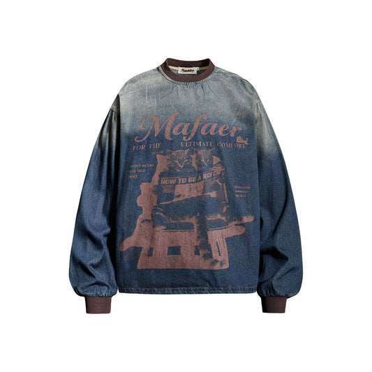 Washed Letter Print Denim Long Sleeve Sweatshirt – Loose Unisex American Vintage – Japanese vintage | yamalin clothes | Yamalinclothes
