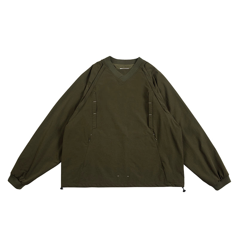 Army Green Heavy Outdoor Hooded Sweatshirt – Removable Sleeves V-Neck Nylon (Unisex)