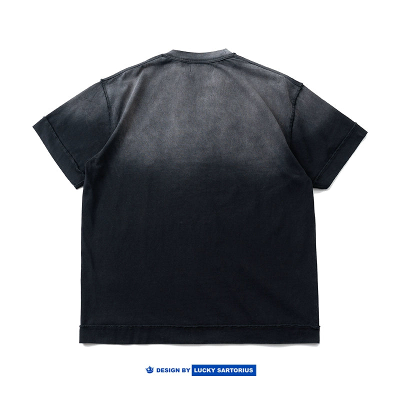 Japanese vintage heavy gradient wash destruction vintage embroidery loose fit short sleeve T-shirt men's and women's T-shirts trendy