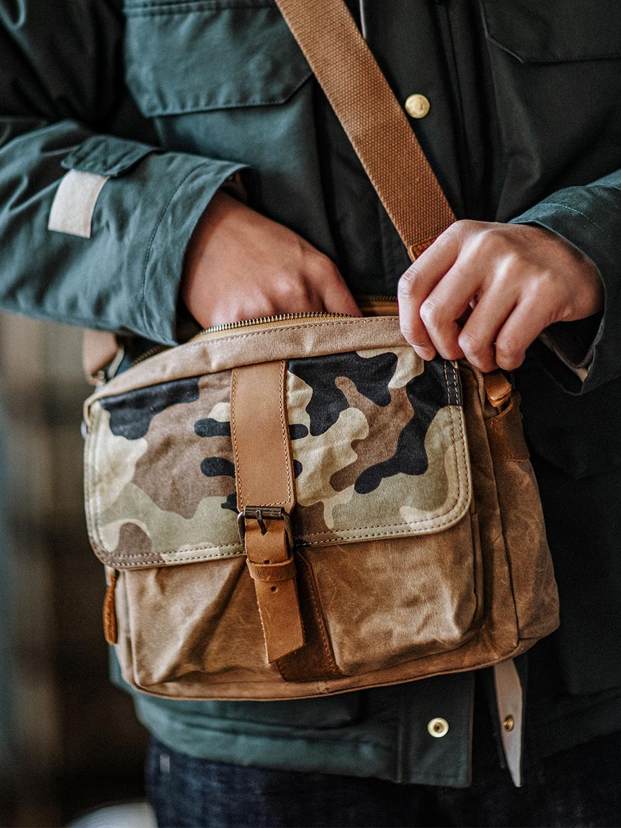 Japanese Vintage Camouflage Canvas Crossbody Bag – Indigo Cowhide Leather Messenger Shoulder Bag