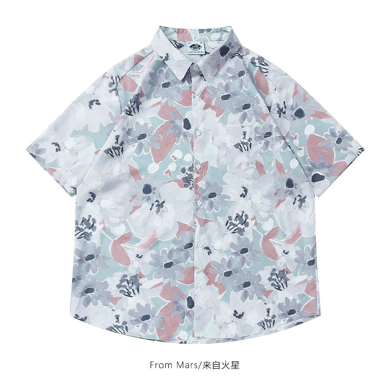 Oil painting art sense retro casual lazy Hawaiian style short-sleeved shirt