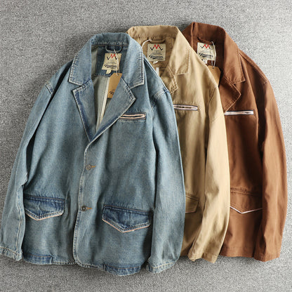 American Wilderness Vintage Heavy Washed Distressed Denim Jacket – Oversized Lapel Trucker Coat