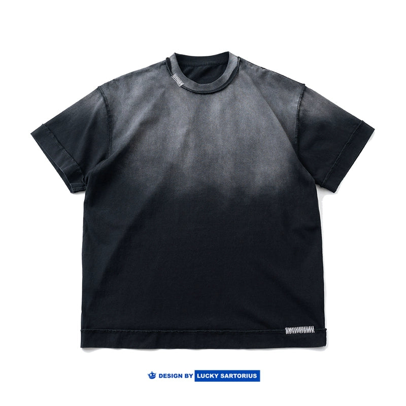 Japanese vintage heavy gradient wash destruction vintage embroidery loose fit short sleeve T-shirt men's and women's T-shirts trendy