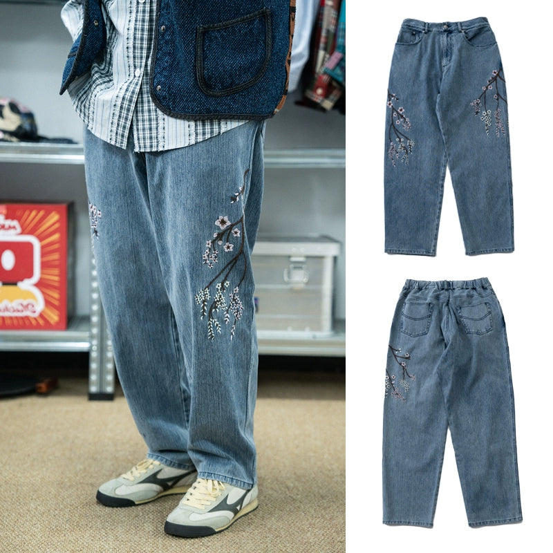 Plum Blossom Embroidery Skinny Washed Jeans