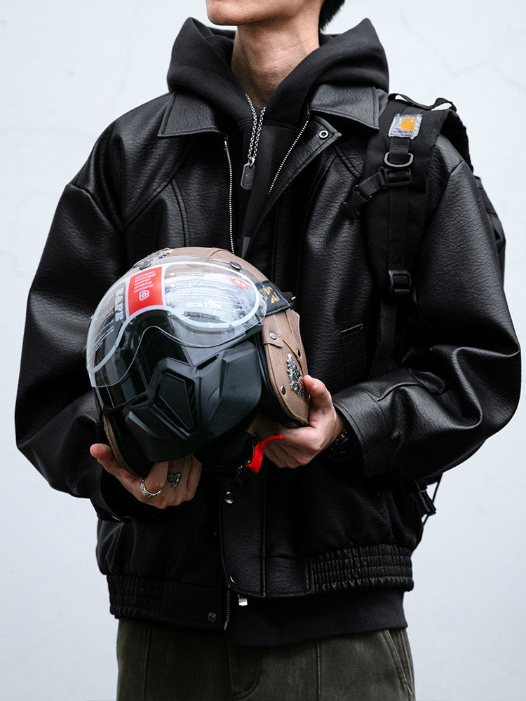 Lychee-Grain PU Leather Lapel Jacket – American Retro Oversized Unisex