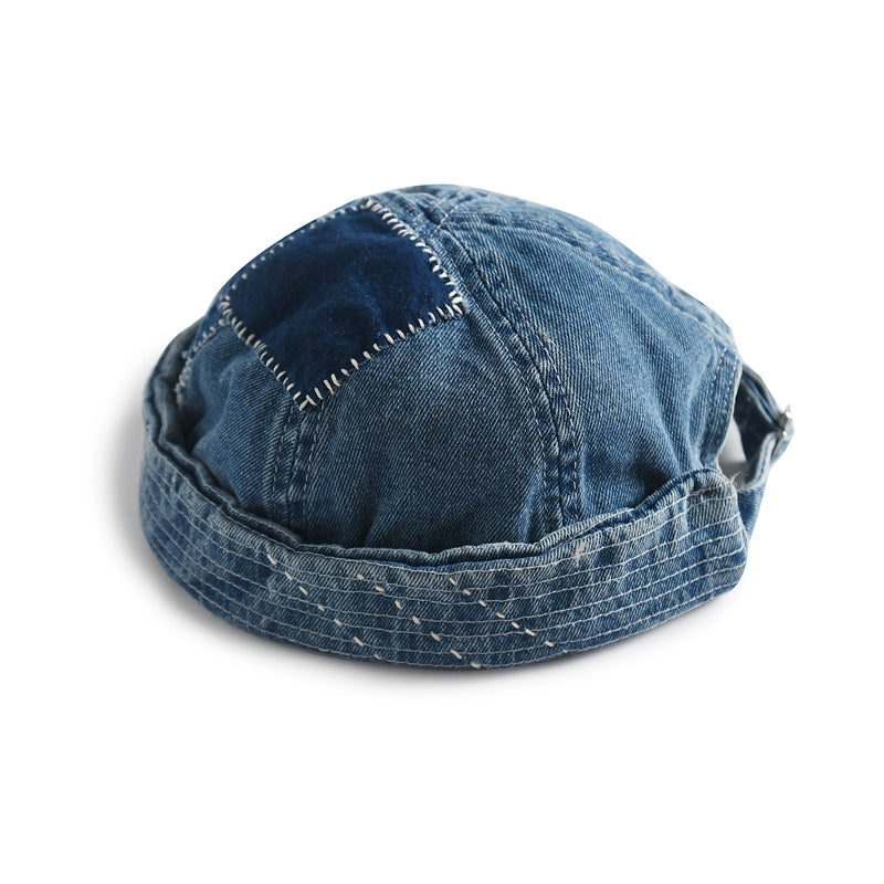 Original design blue dyed ancient cloth stitching denim melon skin hat Japanese retro washed all-match handmade landlord hat for men and women