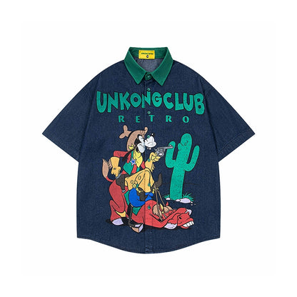 American retro fun cartoon jeans short-sleeved shirt men loose design sense niche shirt